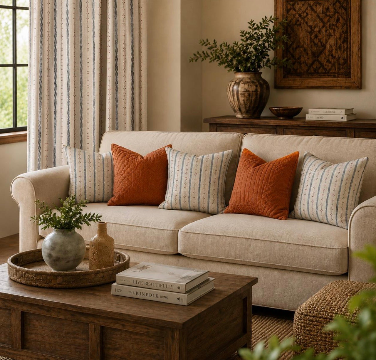 Dusty blue and mauve stripe cushions on a beige sofa with matching botanical stripe curtains