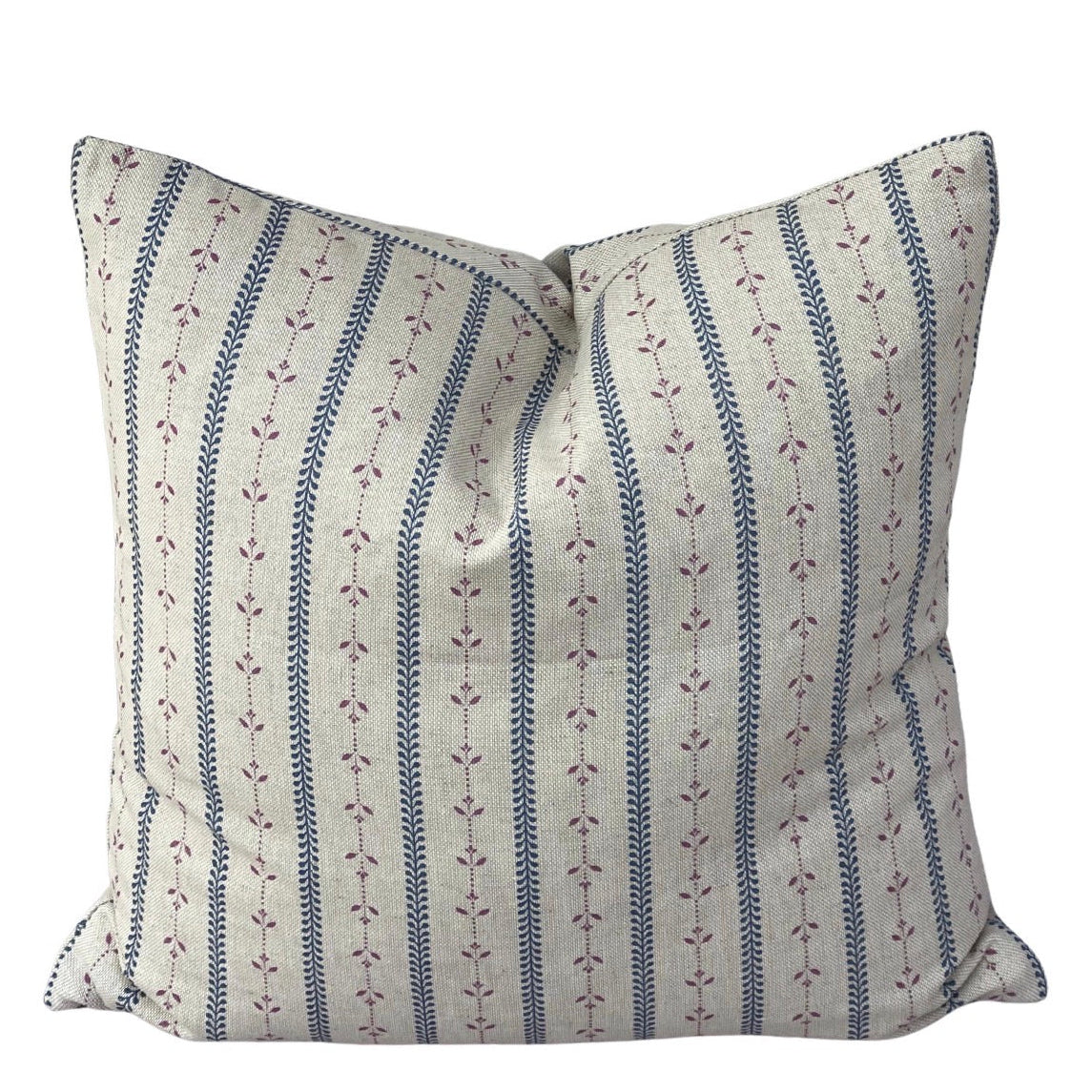 Dusty blue and mauve botanical stripe cushion cover on natural linen-look fabric