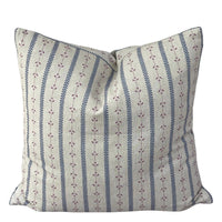 Thumbnail for Dusty blue and mauve botanical stripe cushion cover on natural linen-look fabric