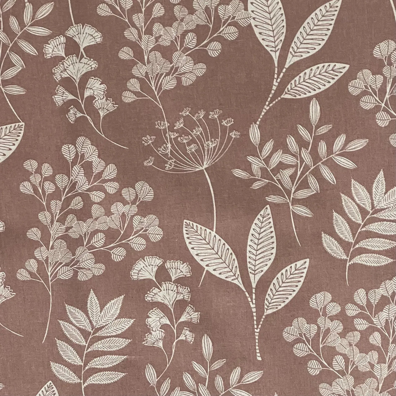 Dusty rose botanical linen look fabric with delicate floral branch print