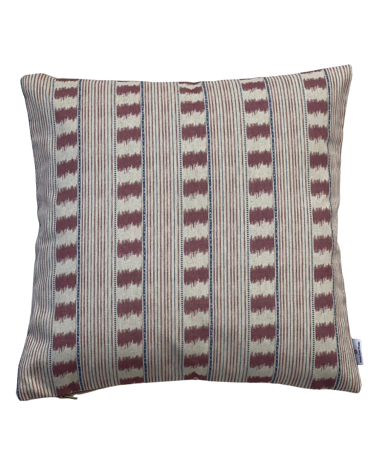 Dusty rose ikat stripe cushion cover in natural linen-look fabric with cream and blue-grey detailing.
