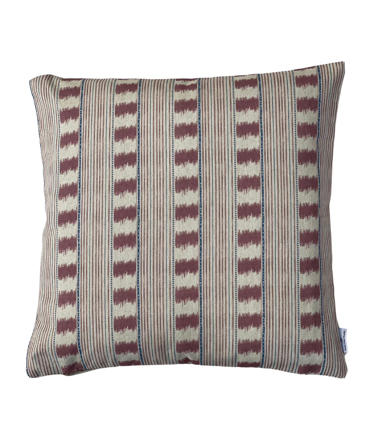 Dusty rose striped cushion cover with alternating decorative bands on a natural neutral background.