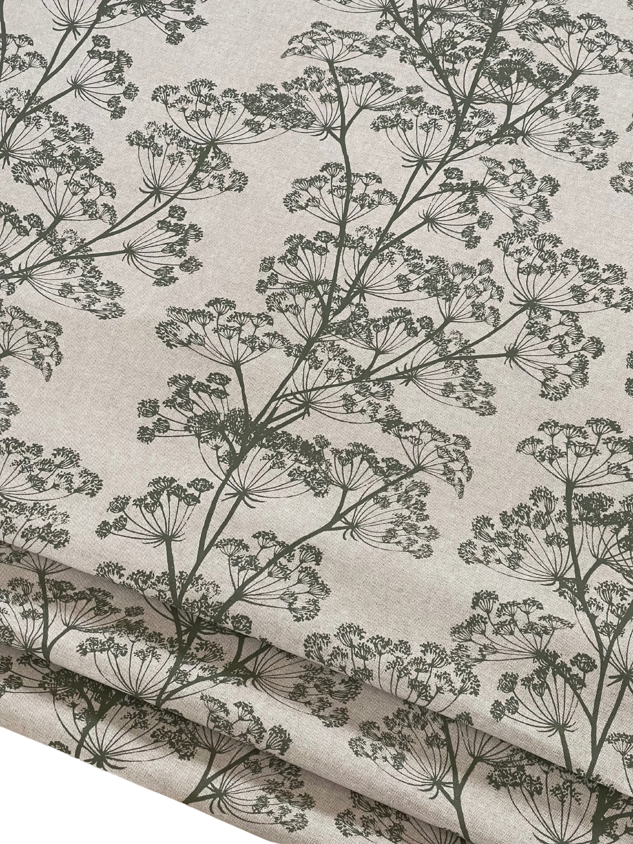 Cow Parsley Cotton Linen Look Fabric – Olive Green and Oatmeal Floral Print for Curtains Roman Blinds - Soft Furnishing