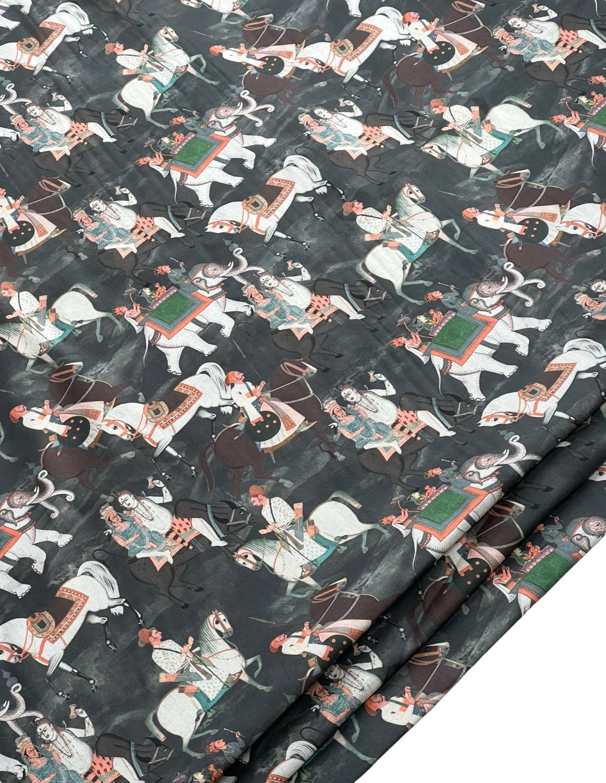 Charcoal Grey Cotton Fabric with Indian Motif Caravans Horses, Bulls, Elephants  – Perfect for Upholstery and Home Decor