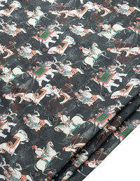 Thumbnail for Charcoal Grey Cotton Fabric with Indian Motif Caravans Horses, Bulls, Elephants  – Perfect for Upholstery and Home Decor