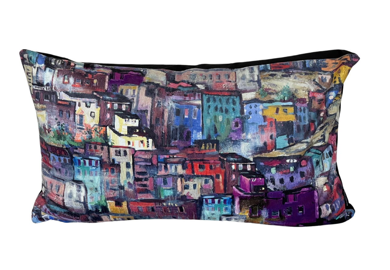 Positano Night Velvet Cushion – Colorful Houses, Coastal Village Scene, Luxury Home Decor