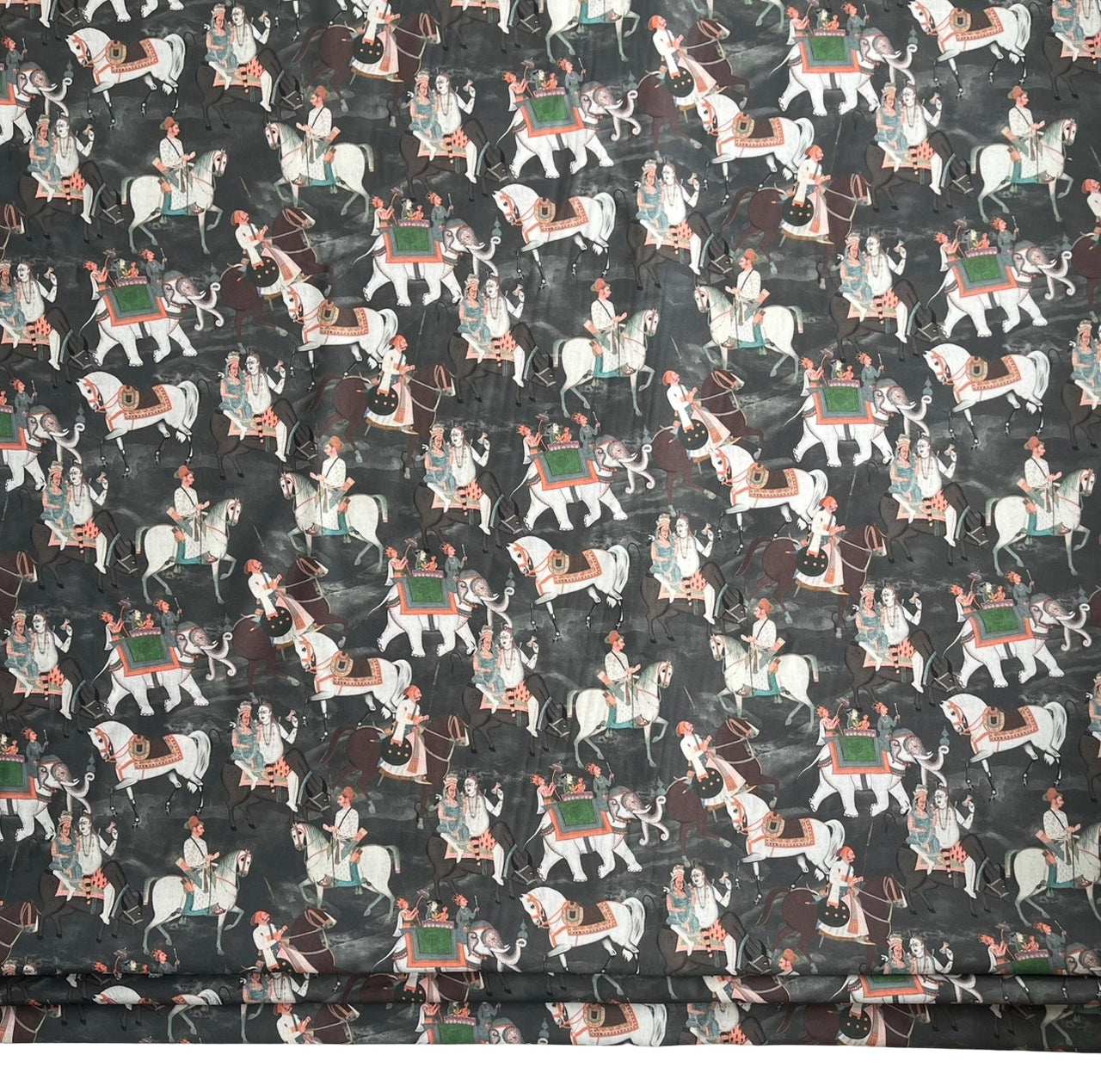 Charcoal Grey Cotton Fabric with Indian Motif Caravans Horses, Bulls, Elephants  – Perfect for Upholstery and Home Decor