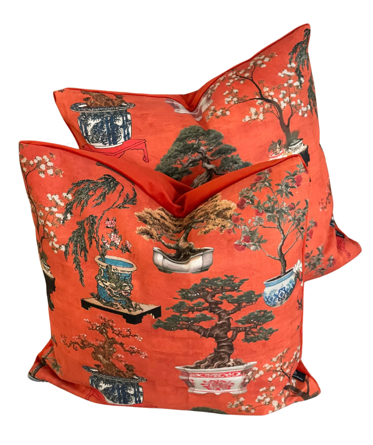 Scarlet Red Cushion Cover – Botanical Oriental Design with Bonsai Trees, Floral Blooms & Ming Pottery