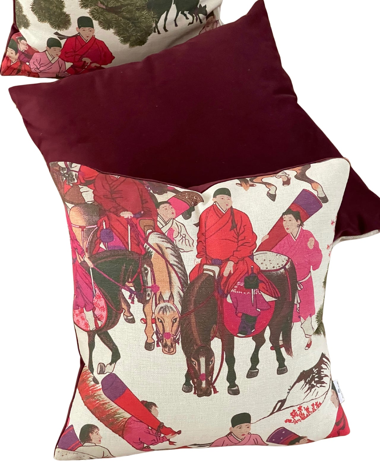 Mongolian Horsemen Oriental Cushion Covers – Red and Pink Outfits with Trees and Animals Design