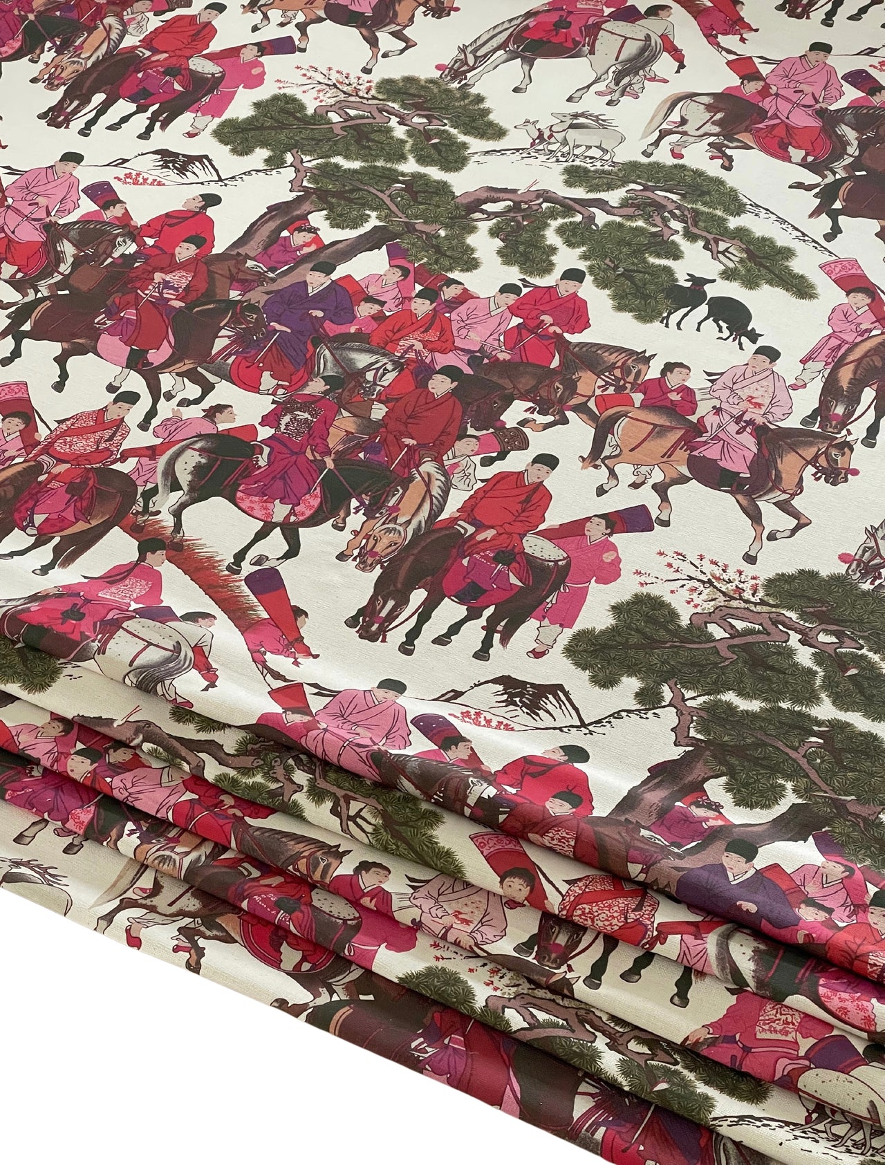 Mongolian Horsemen Cotton Fabric – Oriental Design Featuring Trees, Animals, and Vibrant Red and Pink Outfits for Home Decor and Crafts