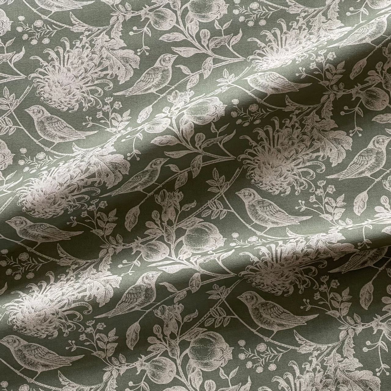 Country style bird botanical fabric olive