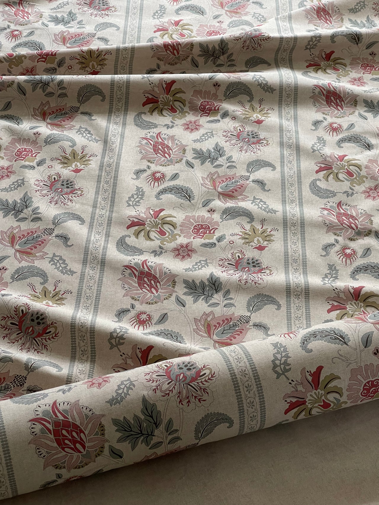 English country style Jacobean botanical fabric with elegant floral motifs