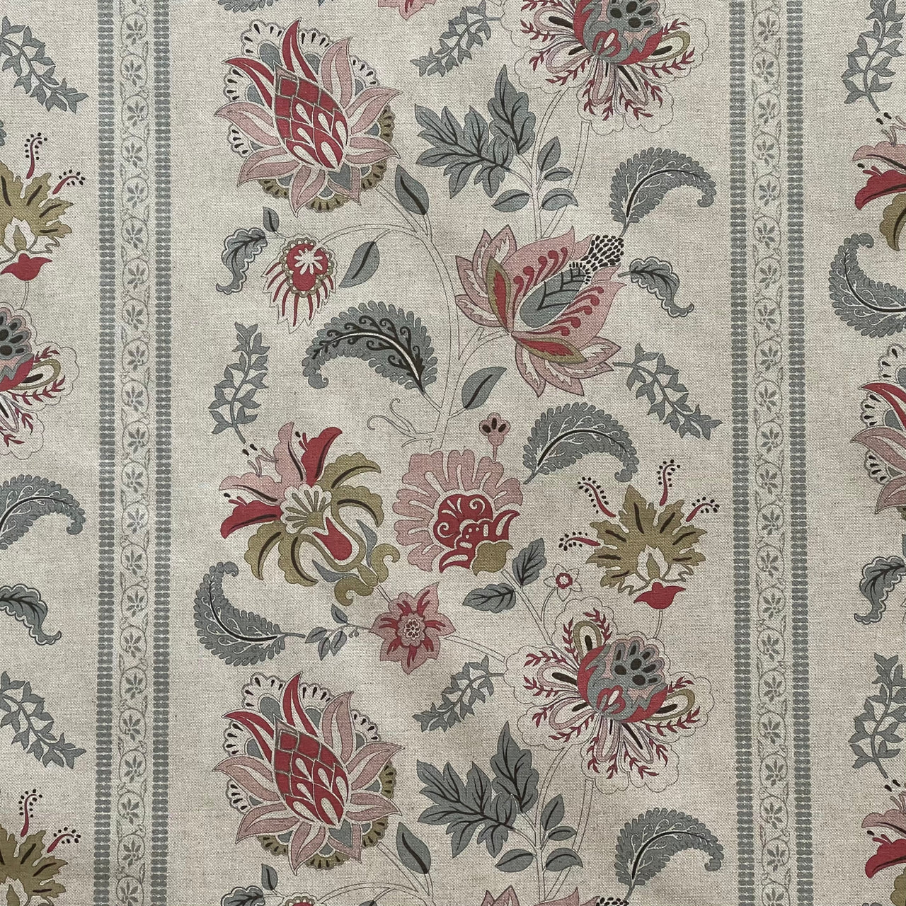 English country Jacobean floral fabric with elegant stripe on natural linen texture