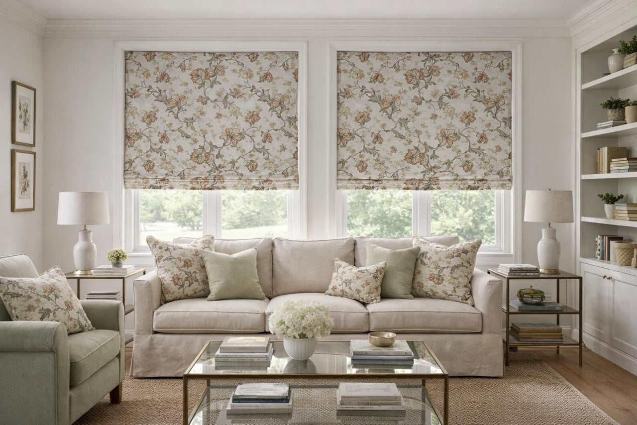 Living room with floral window treatments, beige sofa, and decorative items.