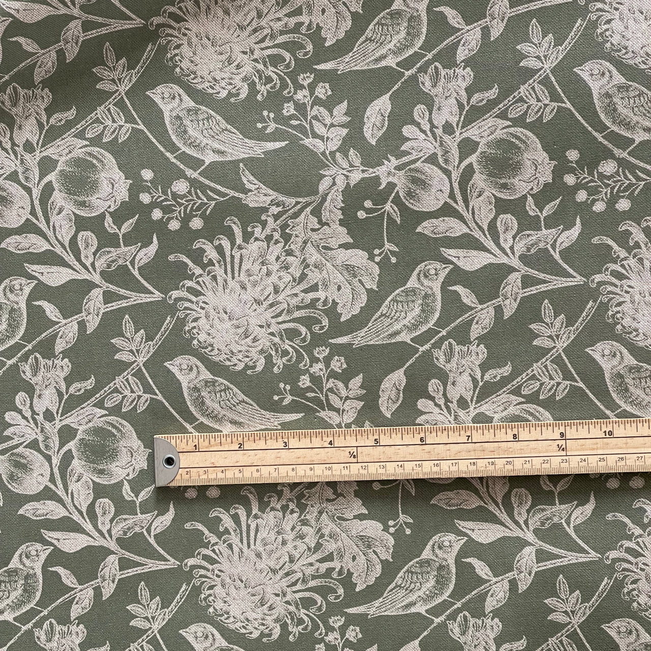 Country style bird botanical fabric olive