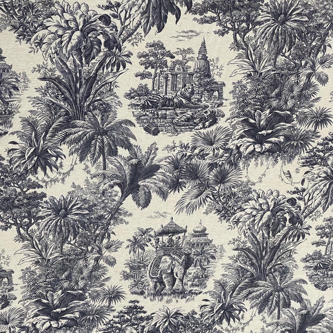 Exotic toile fabric with tigers and temples in dark blue and beige