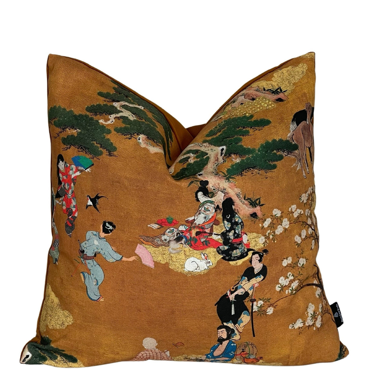 Oriental Cushion Cover – Geisha & Samurai in Mustard Yellow Cotton, Cherry Blossom Design