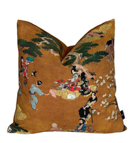 Thumbnail for Oriental Cushion Cover – Geisha & Samurai in Mustard Yellow Cotton, Cherry Blossom Design