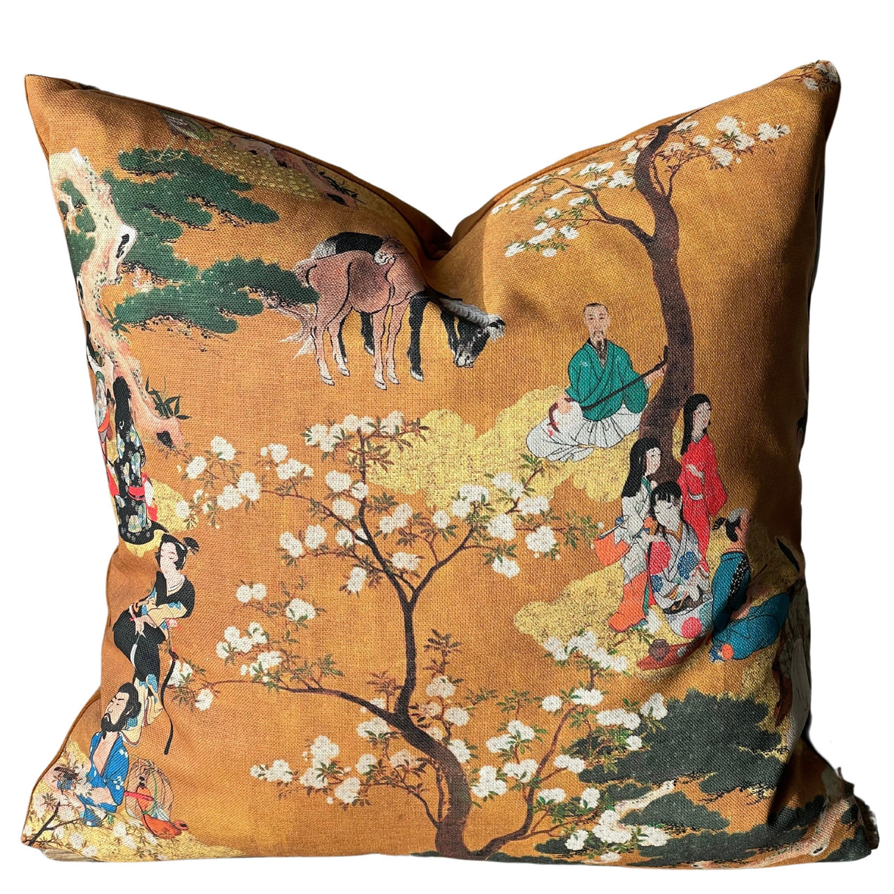 Oriental Cushion Cover – Geisha & Samurai in Mustard Yellow Cotton, Cherry Blossom Design