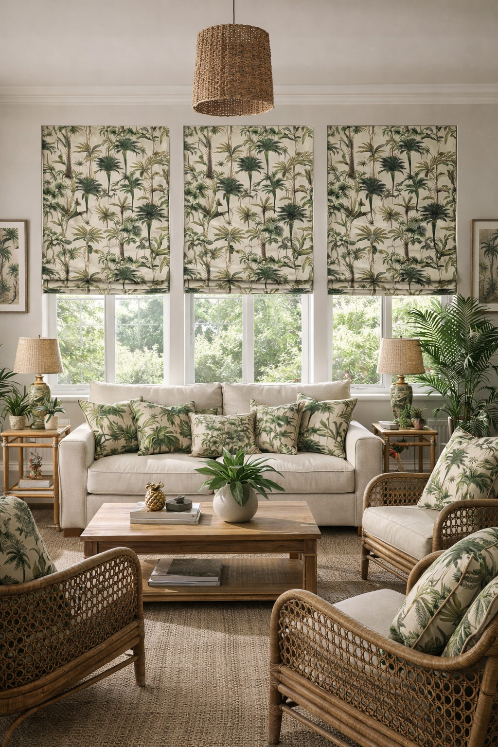 Tropical palm grove upholstery fabric in green and earthy tones for blinds curtains and cushions