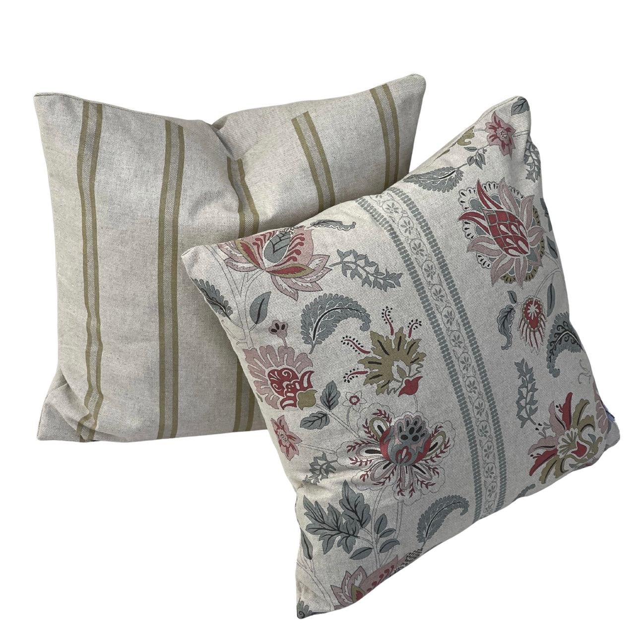 Farmhouse style floral stripe cushion cover handmade from textured linen-look fabric.