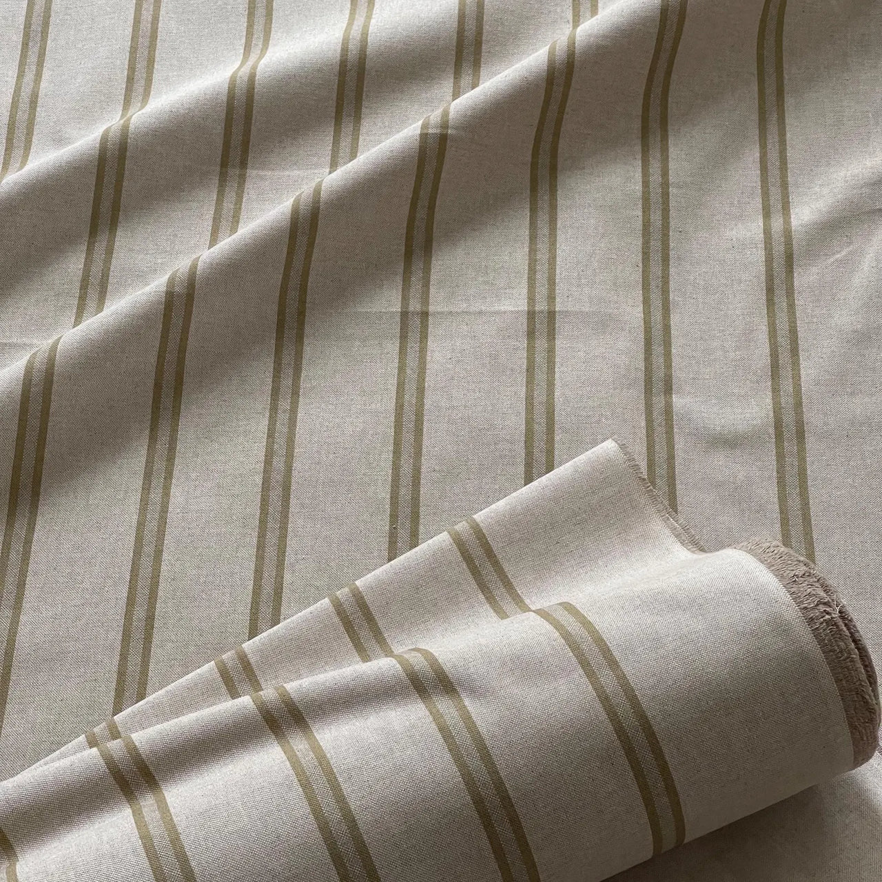 Natural linen texture ticking stripe fabric suitable for farmhouse interiors