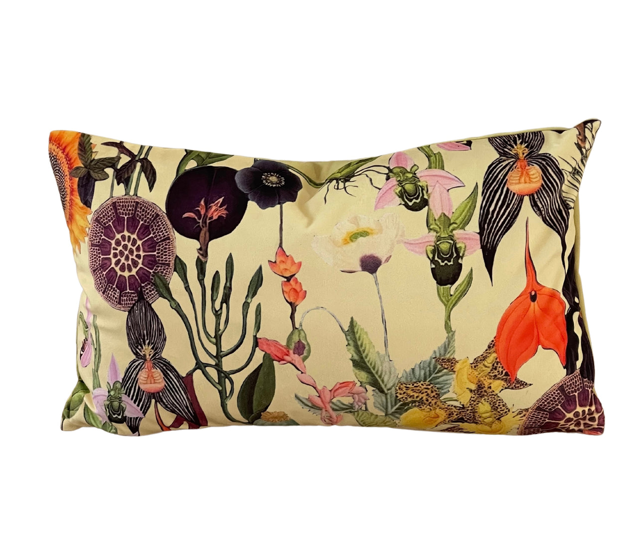 Vintage Yellow Velvet Cushion Cover with Poppies and Sunflowers - Art Deco Botanical Design