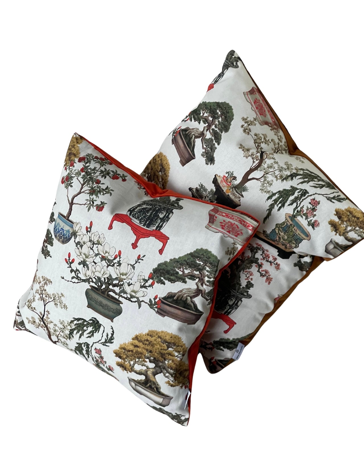 White Cushion Cover – Botanical Oriental Design with Bonsai Trees, Floral Blooms and Ming Pottery