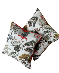 Thumbnail for White Cushion Cover – Botanical Oriental Design with Bonsai Trees, Floral Blooms and Ming Pottery