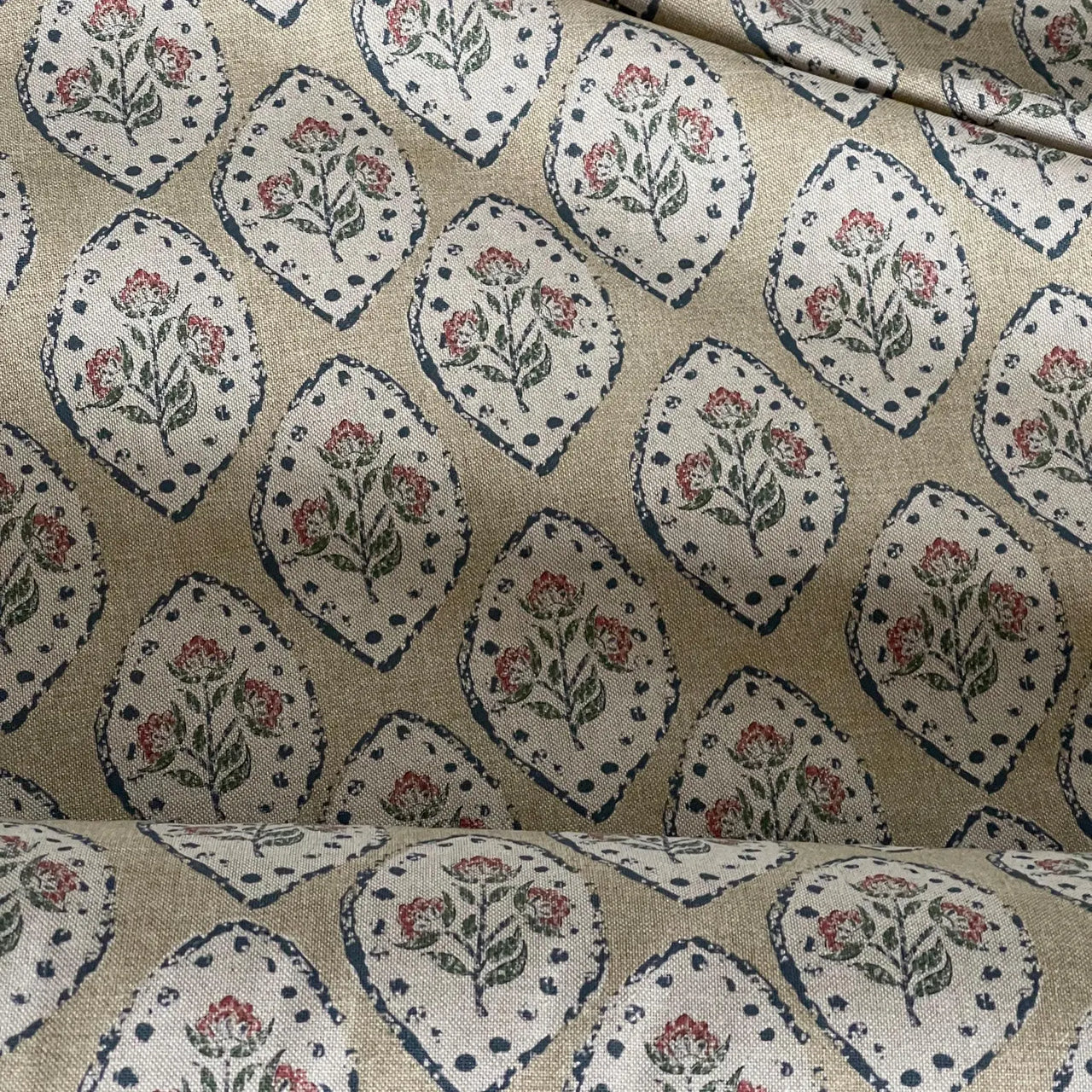 Country cottage botanical fabric with red flowers and blue dotted border