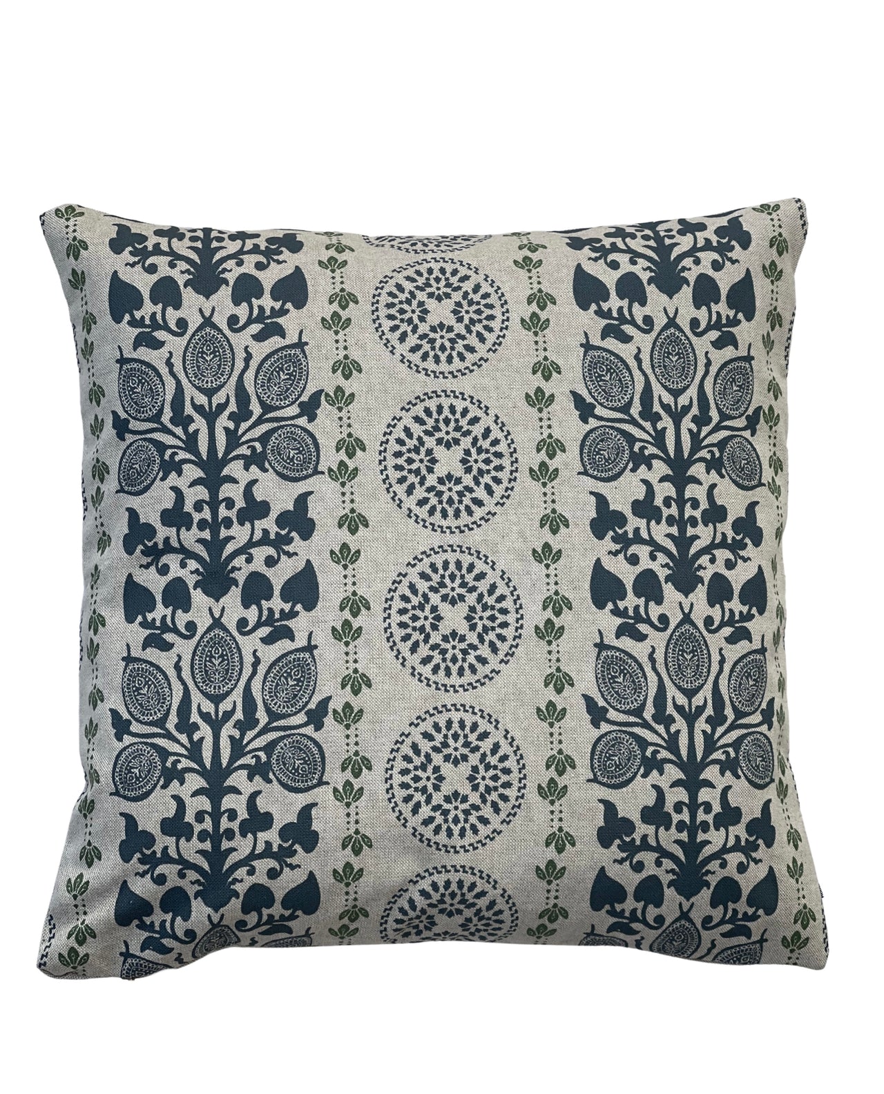 Folk botanical cushion cover in deep blue and natural beige with structured vertical pattern.