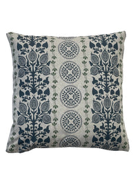 Thumbnail for Folk botanical cushion cover in deep blue and natural beige with structured vertical pattern.
