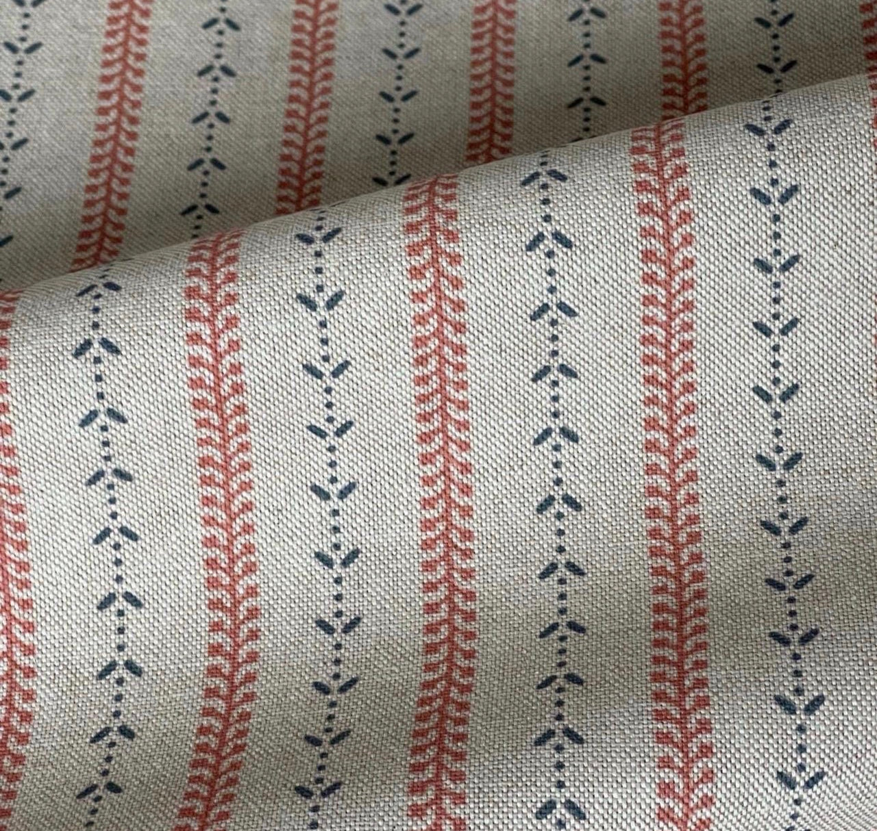 Forest Foliage cotton linen fabric with indigo and red botanical stripes