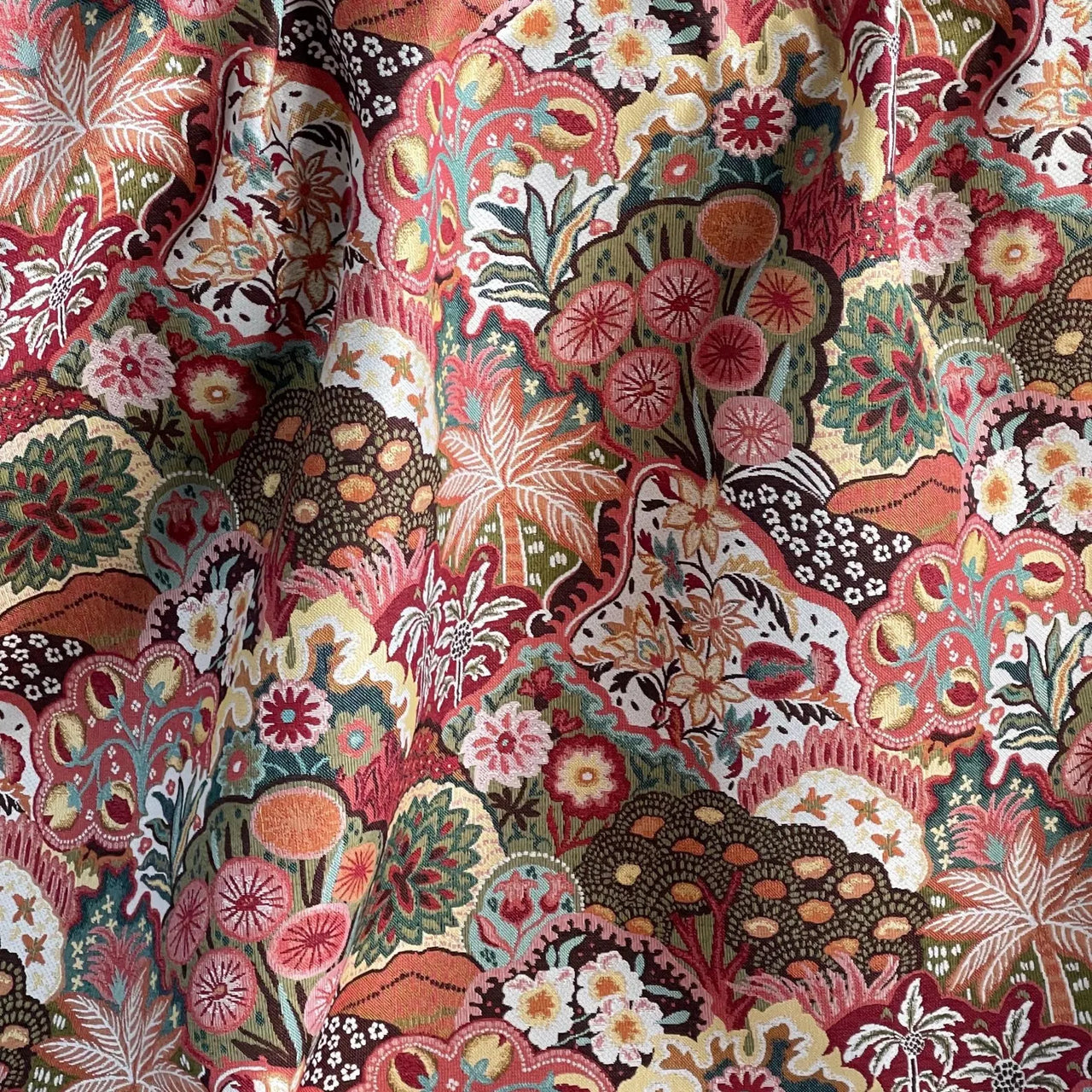 Upholstery tapestry fabric featuring layered woodland scenery