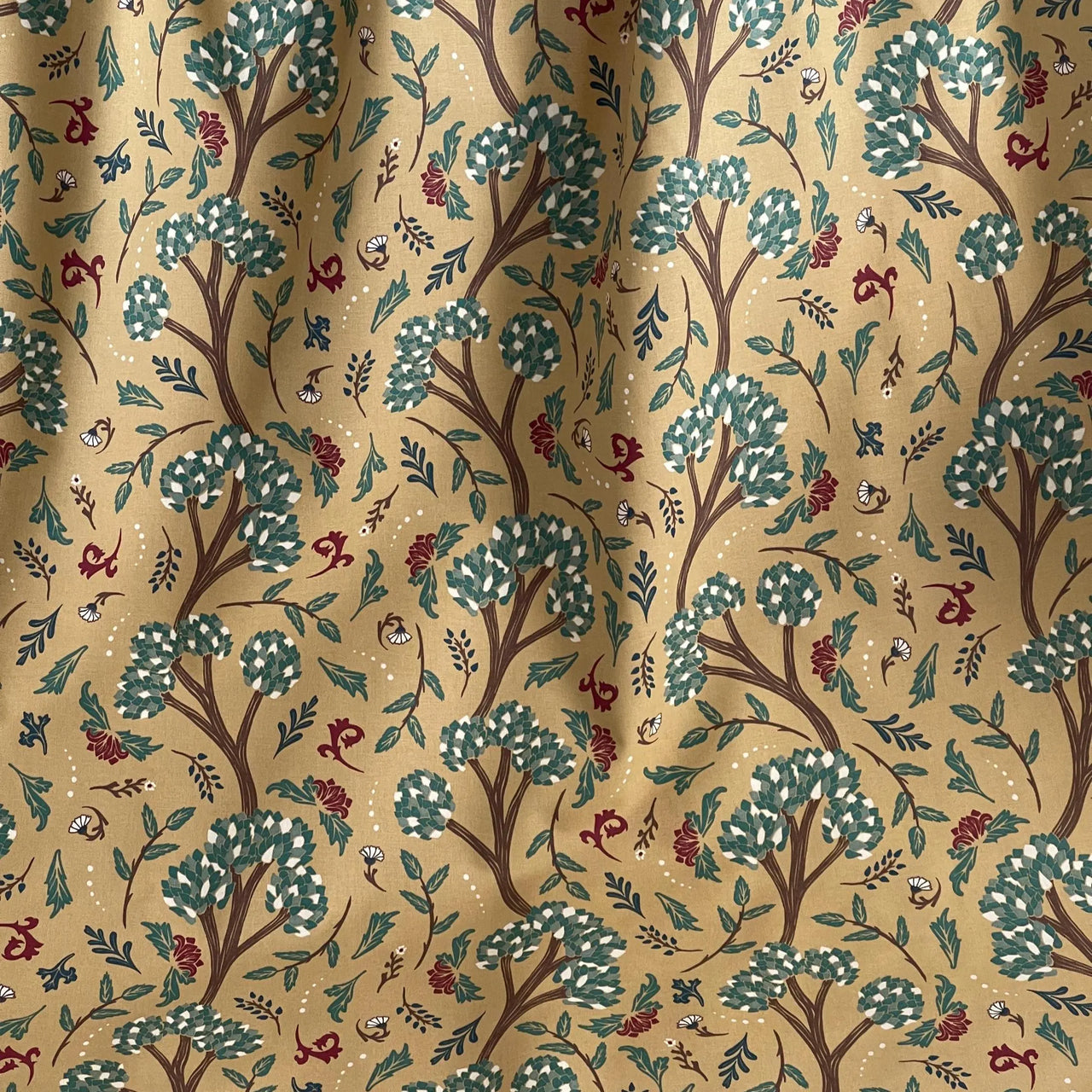Golden Cypress Botanical Fabric – Mustard Yellow Cotton Blend for Curtains, Blinds & Upholstery | Boho & Vintage Home Decor