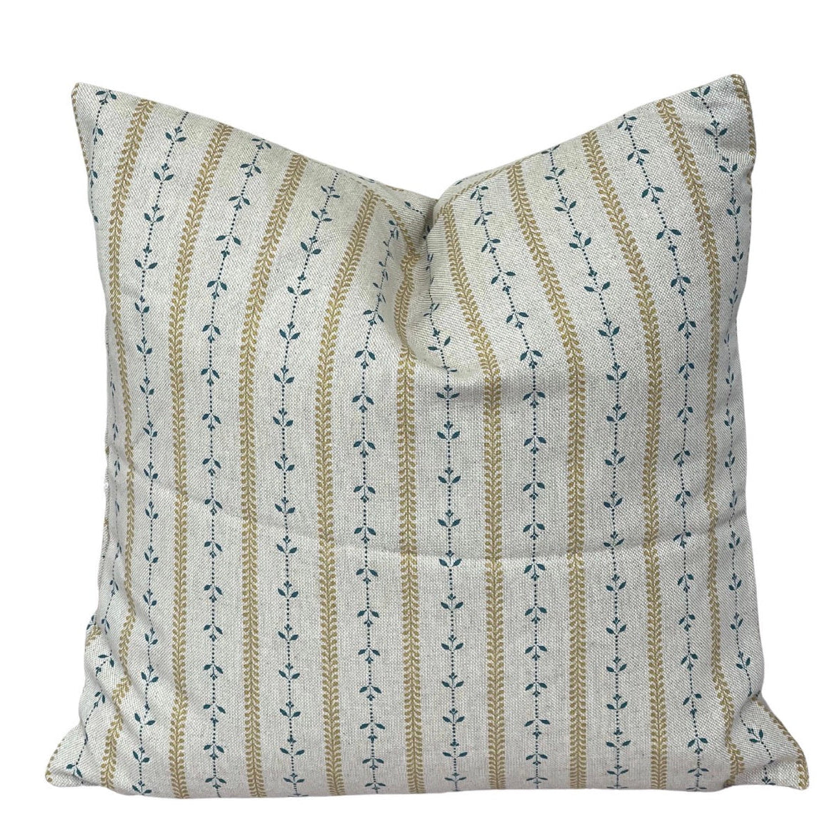 Golden wheat and dusty blue botanical stripe cushion cover on natural linen-look fabric