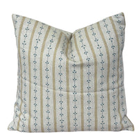 Thumbnail for Golden wheat and dusty blue botanical stripe cushion cover on natural linen-look fabric