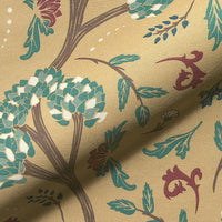 Thumbnail for Close-up of Golden Cypress cotton blend fabric featuring intricate botanical and foliage print in teal, burgundy, and ivory on a warm mustard yellow background — ideal for upholstery, curtain panels, Roman shades, and rustic or bohemian home decor projects