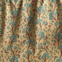 Thumbnail for Golden Cypress cotton blend fabric shown as a gathered curtain, featuring a botanical tree print in sage green, burgundy, and ivory on a rich mustard yellow background — perfect for custom drapery, Roman shades, and boho home furnishings