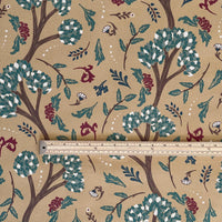 Thumbnail for Golden Cypress botanical upholstery fabric in mustard yellow, featuring green, burgundy, and ivory foliage print, displayed with ruler for scale — ideal for made-to-measure curtains, Roman blinds, cushion covers, and statement soft furnishings in vintage or boho interiors