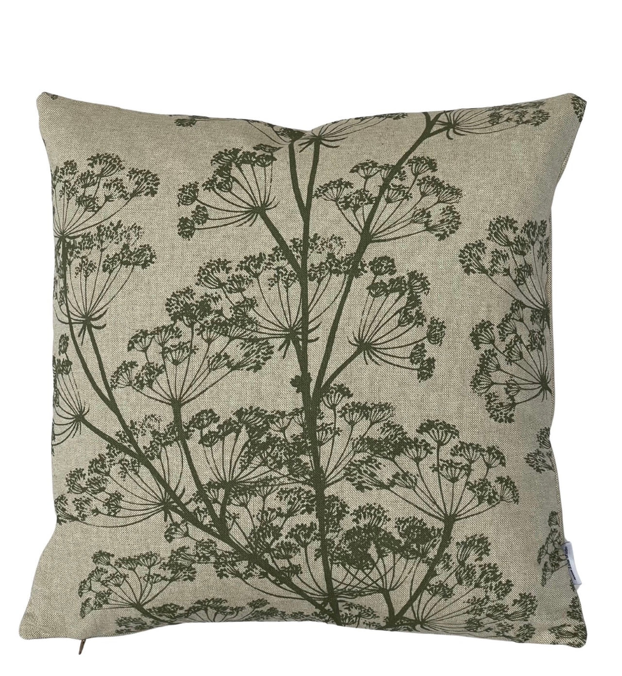 Close-up of the olive green cow parsley botanical print on cotton-linen fabric
