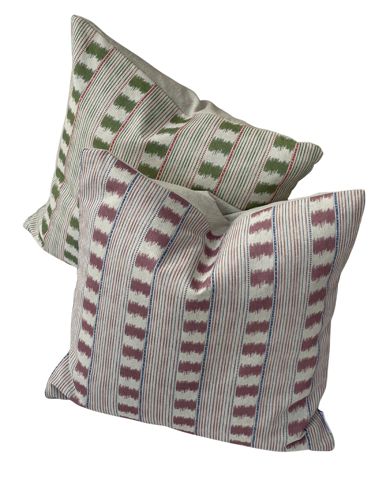 Green farmhouse cushion cover with sage Stitch Stripe design on a neutral background.