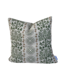 Thumbnail for Country style green cushion cover with medallion and botanical stripe detailing.