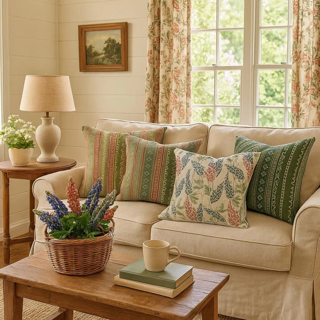 Cushion styled on neutral sofa with coordinating green striped pillows.