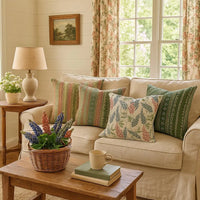 Thumbnail for Cushion styled on neutral sofa with coordinating green striped pillows.