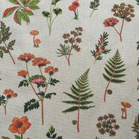Thumbnail for Grey and green botanical furnishing fabric with orange flowers, red accents and delicate woodland foliage.