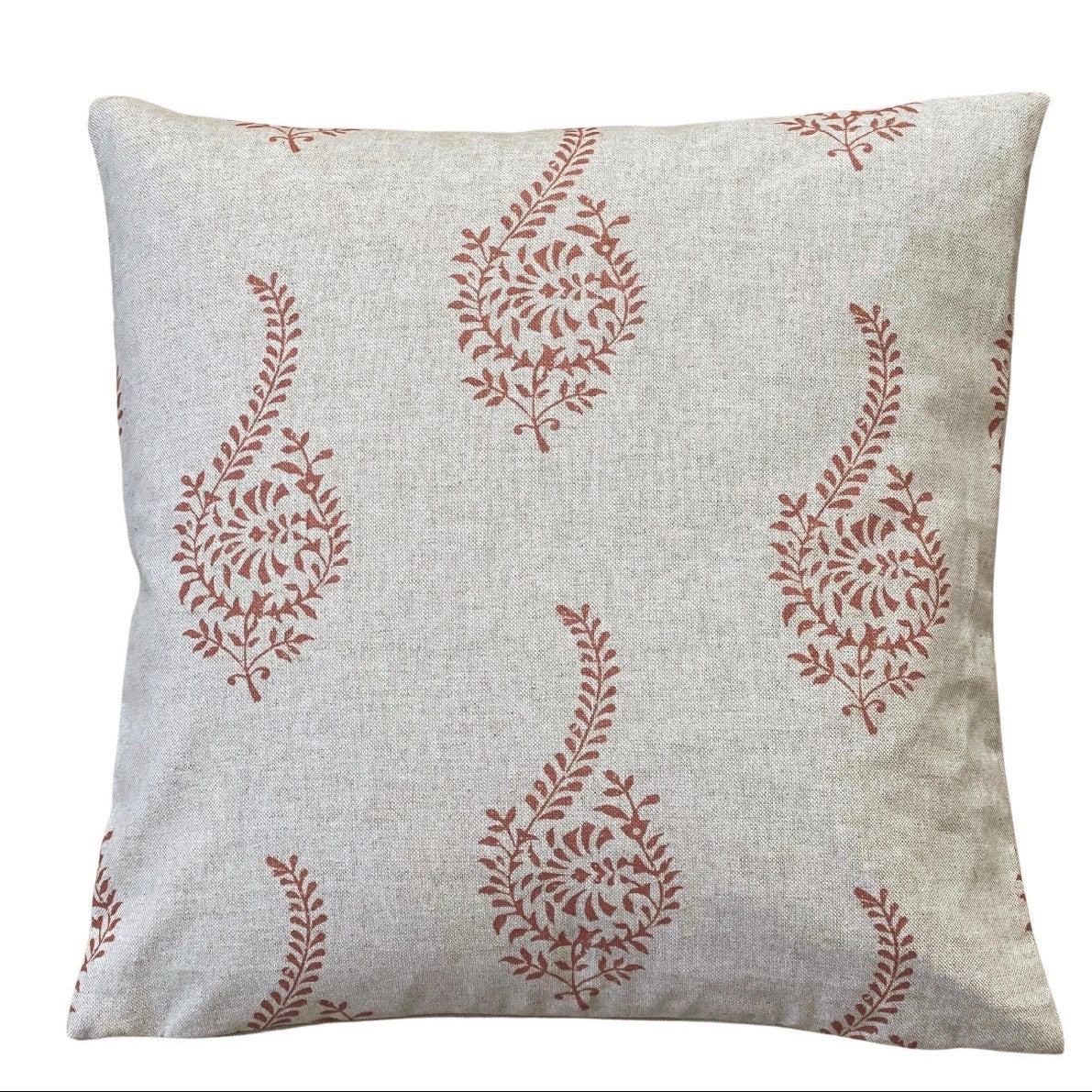 Handmade coral buta paisley cushion cover with botanical print on natural beige fabric