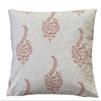 Thumbnail for Handmade coral buta paisley cushion cover with botanical print on natural beige fabric