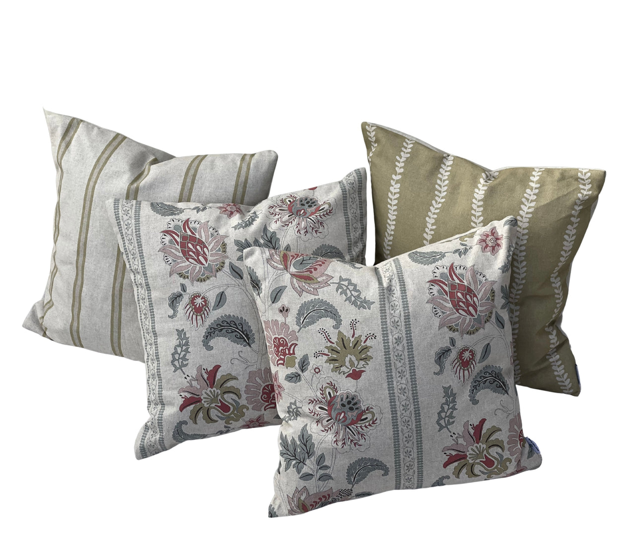 Handmade UK Jacobean floral cushion cover with blush pink and sage green botanical details.