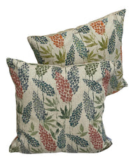 Thumbnail for Pair of cushions—botanical clover and green stripe—on linen-look fabric.